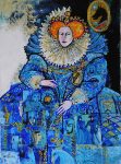 Queens blue_dress, 30x40cm, mixed media on canvas